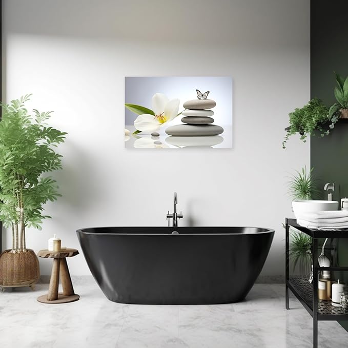 ARTZGX Zen Canvas Wall Art Spa Stones Picture Print Flower and Butterfly Painting Meditation Artwork Bathroom Yoga Decor Frame(Zen Flower - C 12.00" x 18.00")