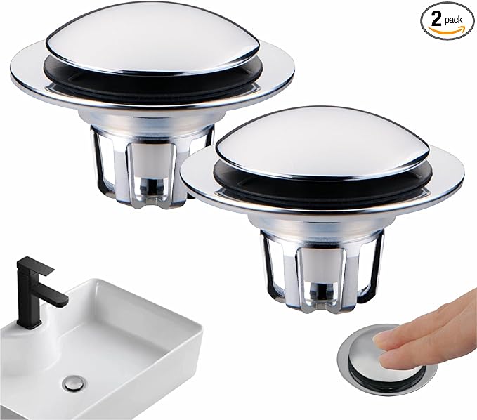 2 Pack Chrome Sink Drain Stopper,Glimflorus Universal 2-in-1 Pop Up Bathroom Sink Stopper with Hair Catcher and Strainer for 1 1/8"-1 1/2" Drain Holes
