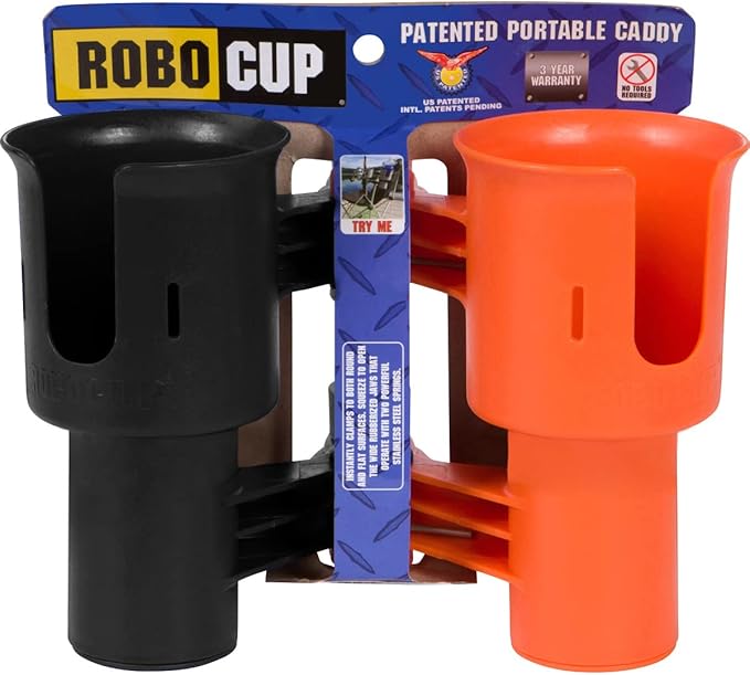 ROBOCUP, (Orange & Black), Patented Clamp On Boat Cup Holder |Multifunction Dual Drink Caddy for Fishing Poles, Tools, Net, Gaff |Portable Storage for Boating, Beach, Umbrellas, Golf Carts, Strollers