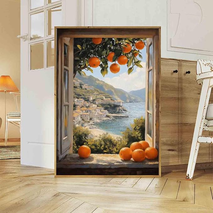 Mediterranean Coastal Wall Art Coastal Landscape Prints Vintage Citrus Wall Art Open Window Poster Still Life Fruit Painting Farmhouse Country Pictures Fruit Living Room Decor 16x24inch No Frame