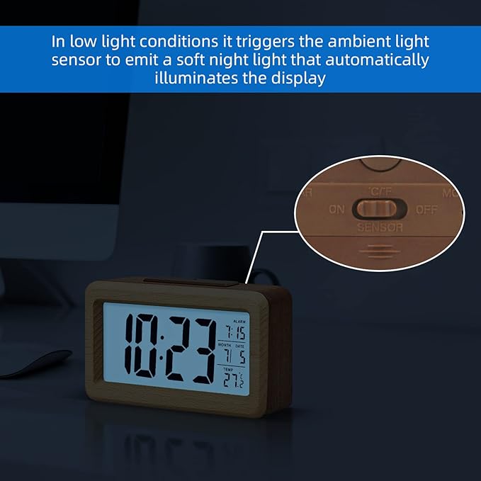 everwood Wooden Digital Battery Operated Alarm Clocks for Bedrooms, Beside, Table, Desk