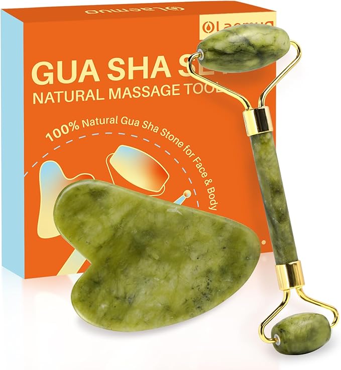 Jade Gua Sha and Face Roller, Real Jade Gua-Sha Stone Facial Tools Set for Reduce Puffiness, Body Guasha Tool for Relieve Neck Tension, Skincare Beauty Massager as Present for Women, Green