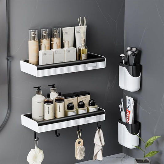 MRPAPA Wall-Mounted Bathroom Organizer, Adhesive Shower Shelf for Toiletries, Drill-Free Shower Caddy with Hook Space-Saving Storage Rack for Bathroom, Kitchen (2 Pack)
