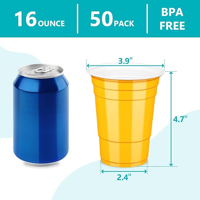 LANLISA 50 Yellow Plastic Cups, 16 oz Disposable Cups, Drinking Cups For Birthday Party, Picnic, Easter