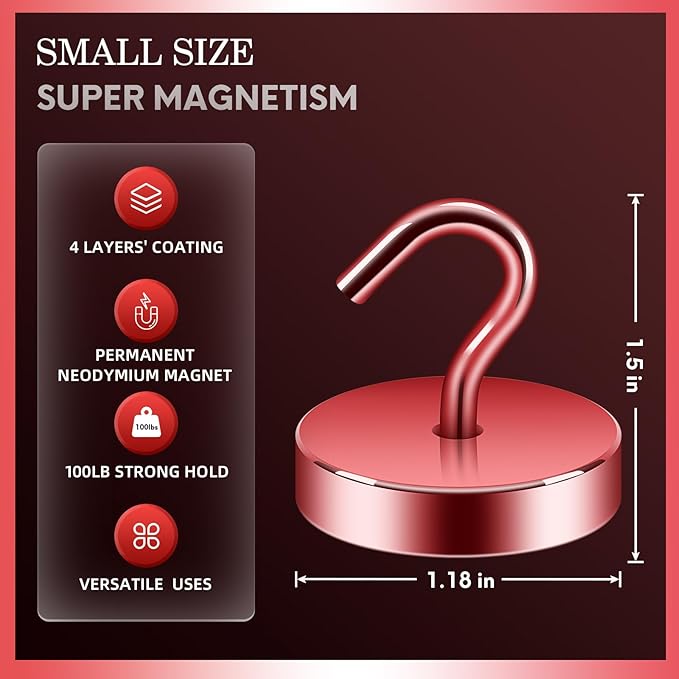Neosmuk Magnetic Hooks, Cruise Ship Essentials, 100lb+ Heavy Duty Magnetic Hooks for Cruise Cabins, Refrigerator, Grill, Hanging, and Travel | Extra Strong Must-Haves Magnet Hook,Red,Pack of 20