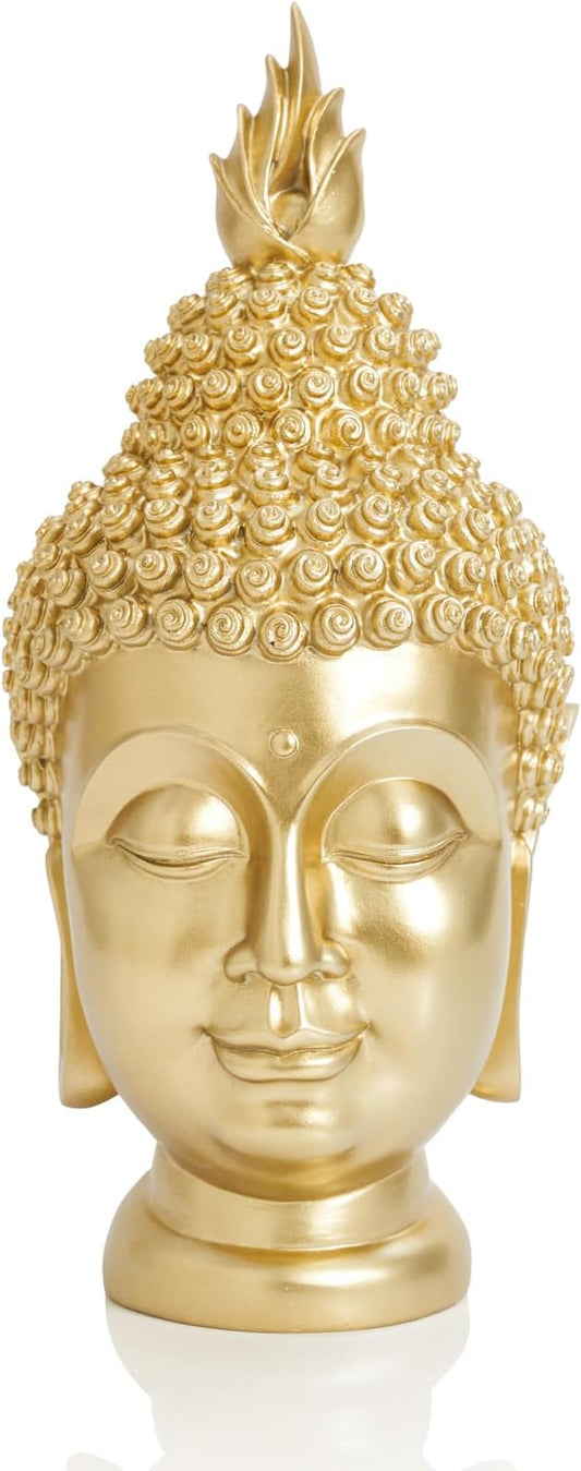 Buddha Head Statue (Gold), Ideal for Zen Space, Spiritual Decor, Buddhism Religious Room Decoration