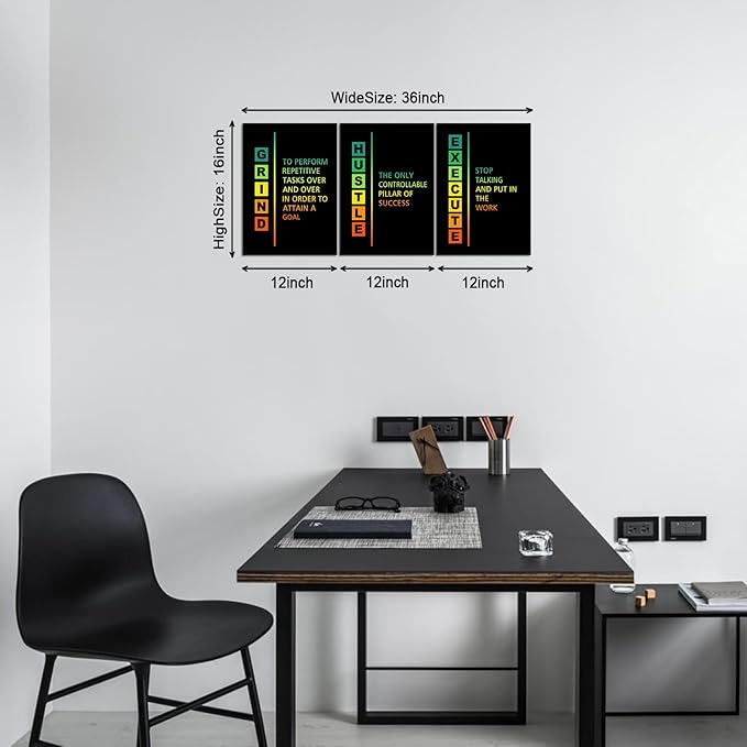 KAWAHONE Motivational Canvas Wall Art, Hustle Grind Execute Wall Art Decor, Black and White Positive Motivational Poster Framed Inspirational Entrepreneurs Painting Prints Quotes Poster for Office Workplace