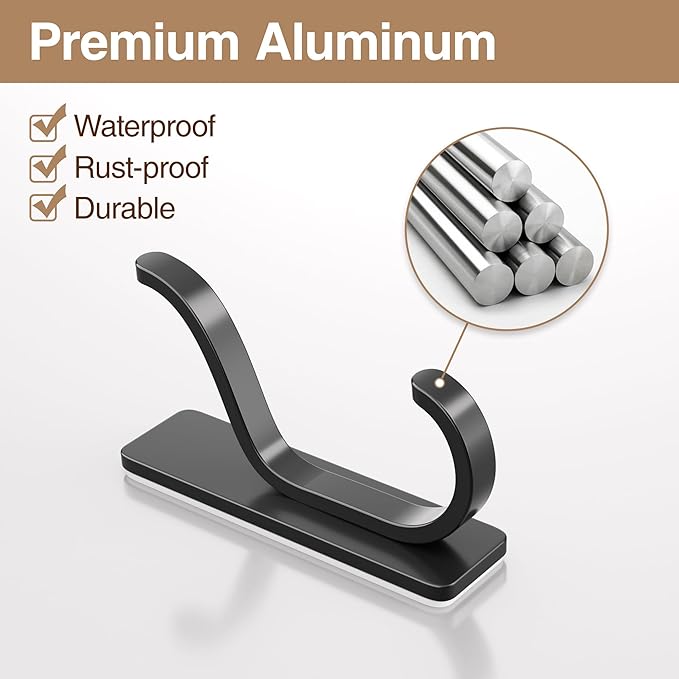 pickpiff Adhesive Wall Coat Hooks - Heavy Duty Stick-On Door Hanger, Metal Hook for Hanging Towel, Purse, Robe, Backpack, Jacket, Clothes - for Bathroom, Dorm, Closet, Kitchen - Black, 4 Pack