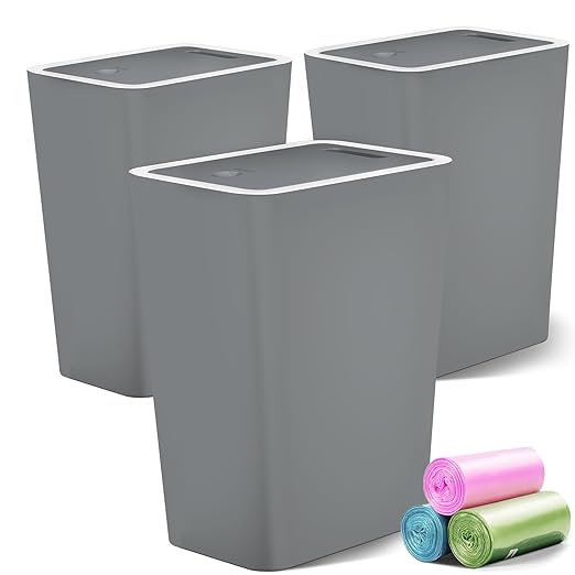 Lysam Small Trash Can, 3 Pack 4 Gallons Bathroom Garbage Can with Lid Press-Top, Small Waste Basket with Trash Bags, Slim Plastic Garbage Bin for Dorm, Office, Bedroom, Kitchen, Living Room (Grey)