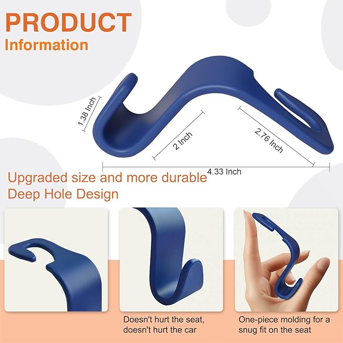 Car Seat Hooks & Purse Holder - 4 Pack Boxed,55 lb Heavy Duty,Eco PP Car Hooks for Purse/Bag/Baby Gear/Gym Bag/Groceries/Cup/,Fits 0.32-0.55”Car Headrest Rods (Dark Blue)