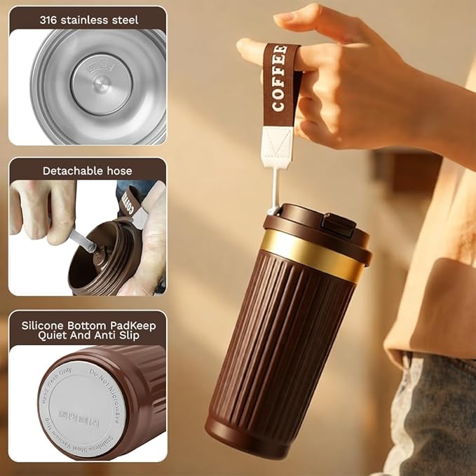 Vacuum-Insulated Stainless Steel Travel Coffee Mug, Leak-Proof Reusable Coffee Cup with Lid-Keeps Drinks Hot & Cold for Hours, Durable Double Wall Tumbler for Men & Women (5th-Dark Coffee, 18OZ)