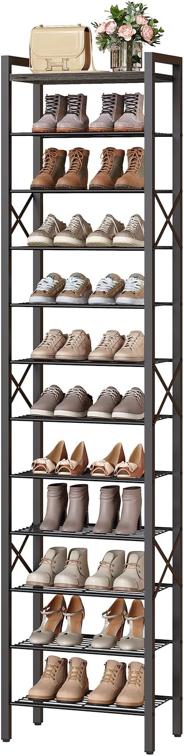 12-Tier Narrow Shoe Rack, Tall Shoe Rack for 12-24 Pairs, Slim Shoe Storage Organizer with Wooden Top, Space Saving, Metal Frame, for Entryway, Charcoal and Black SS61BC
