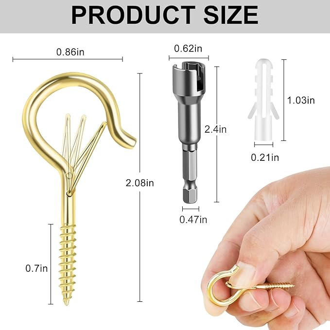 100 Pack Screw-in Hooks for Outdoor String Lights, Q Hanger Hooks for Outside, Swivel Hanging Basket Patio Hook with Safe Buckle, Plant Eye Hook for Wall Ceiling with 1 Wing Nut Driver, Gold