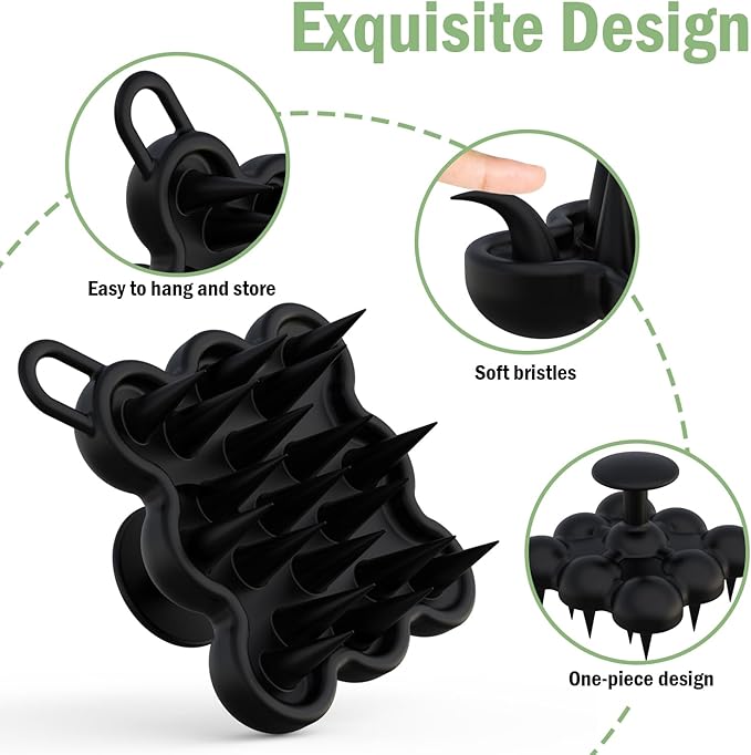 Silicone Scalp Massager Shampoo Brush for Hair Growth, Dandruff Removal & Wet/Dry Care, Hair Scrubber Scalp Stimulator Exfoliator Brush with Soft Bristles for Men & Women, Black