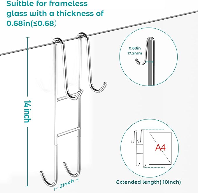 Cerbonny Shower Door Hooks (14 Inch), 2 Pack Super Extended Towel Hooks for Bathroom, Over Door Hooks, Shower Hooks for Frameless Glass Door, Silver
