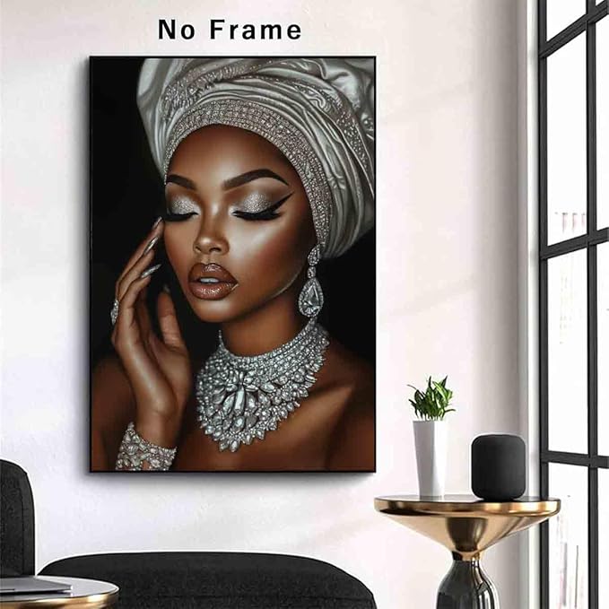 African American Wall Art Girl Black Woman Painting Fashion Poster Portrait Prints Painting Silver And Black Woman Portrait Wall Art Living Room Decor 16x24inch No Frame