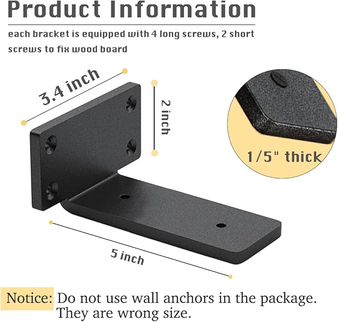 6 Pack Shelf Brackets 5 Inch Floating Shelf Bracket 1/5 inch Thick Heavy Duty Hidden Shelf Brackets Iron Metal Brackets for Shelf Support with Screw Included