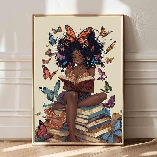 Black Girl Reading Poster African American Artwork Boho Butterfly Painting Black Girl Art Prints Vintage Reading Picture Inspiring Wall Reading Book Print African Minimalist Posters 16x24inch No Frame