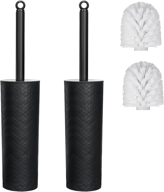 Topsky Toilet Brush,2 Pack Compact Toilet Brush & Holder Set,Plastic Round Barrel Loo Brush with 2 Replacement Toilet Brush Head,Durable for Bathroom Toilet,Black