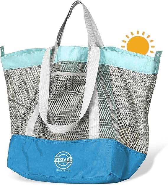 STOVER Large Mesh Beach Bag, Vacation, Pool, Shopping, & Travel Tote - Foldable w/Storage Pockets for Women, Men & Families