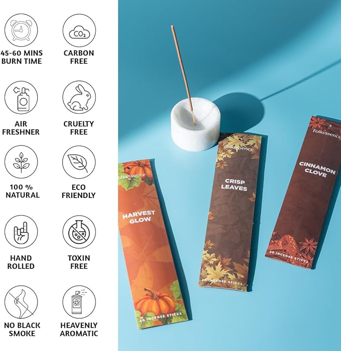 Folkulture Incense Sticks with Incense Holder | Set of 6 (120) Fall Insence-Sticks with 45 Min Burn Time | Cinnamon, Pumpkin Incense | Organic Fall Scents for Home | Fall Essentials for Meditation