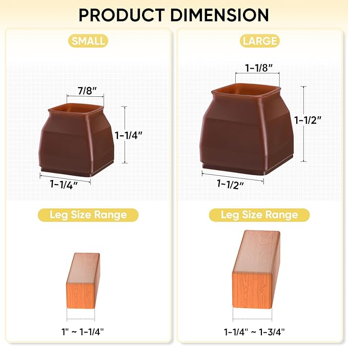BALEINE 16 Pack Silicone Chair Leg Floor Protectors, Stool Leg Protectors Cap, Non-Slip Chair Leg Caps for Hardwood Floors (Brown & Small (Square), 16 Pack)