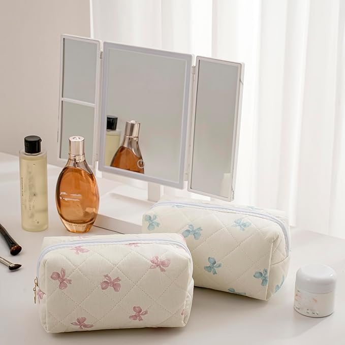 HHQQWZ Makeup Bag Travel Cosmetic Bag for Women Girls, Zipper Make Up Pouch, Floral Flowers Toiletry Organizer Makeup, Portable Storage Cosmetic Travel Cloth Bag (Pink Bow Tie+Flower-Red)