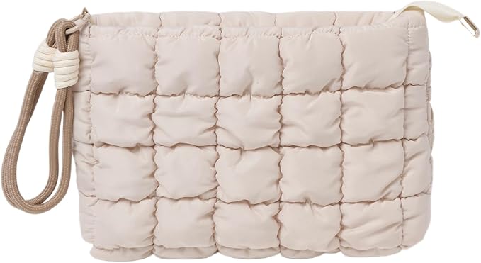 Puffy Quilted Makeup Bag Cosmetic Bag Equipped with a Detachable Handle Cute Zipper Pouch for Storage Clutch for Women(khaki)