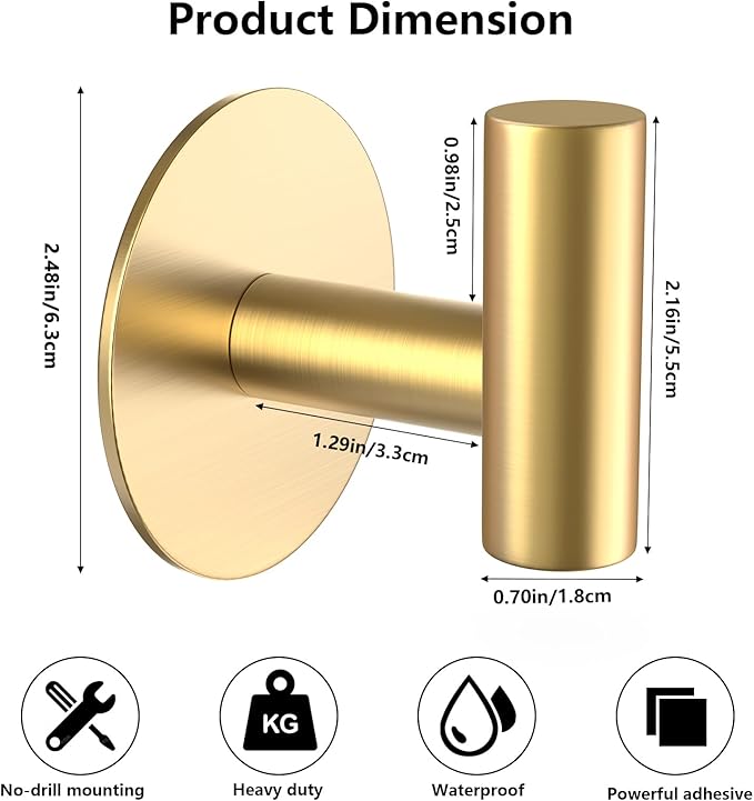 VINHOLD Gold Stainless Steel Wall Hooks, Heavy Duty Self-Adhesive Hooks for Coats, Towels, Robes, Hats, Aprons – No Drill Bathroom, Kitchen, Hotel (2 Pack)