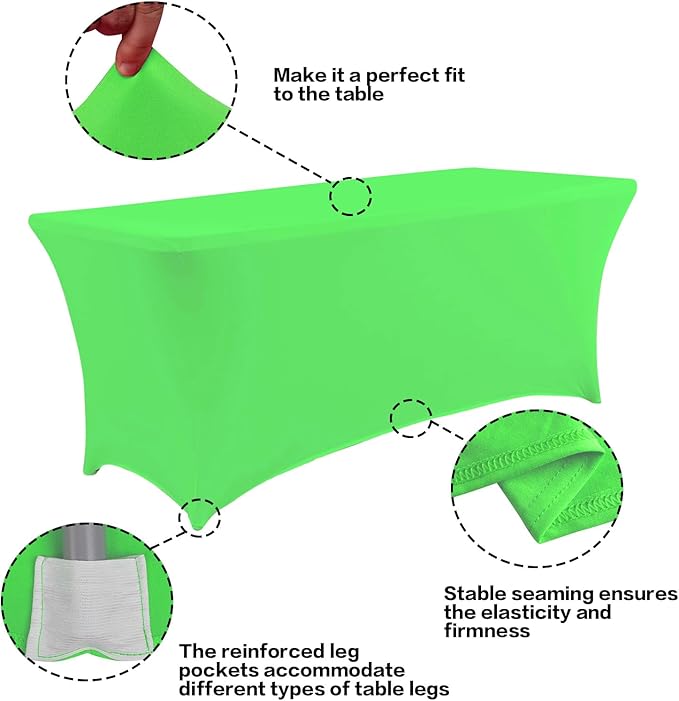 IVAPUPU 2 Pack 8FT Table Cloth for Rectangular Fitted Events Stretch Green Table Covers Washable Spandex Tablecloth Protector for Party, Wedding, Cocktail, Banquet, Festival
