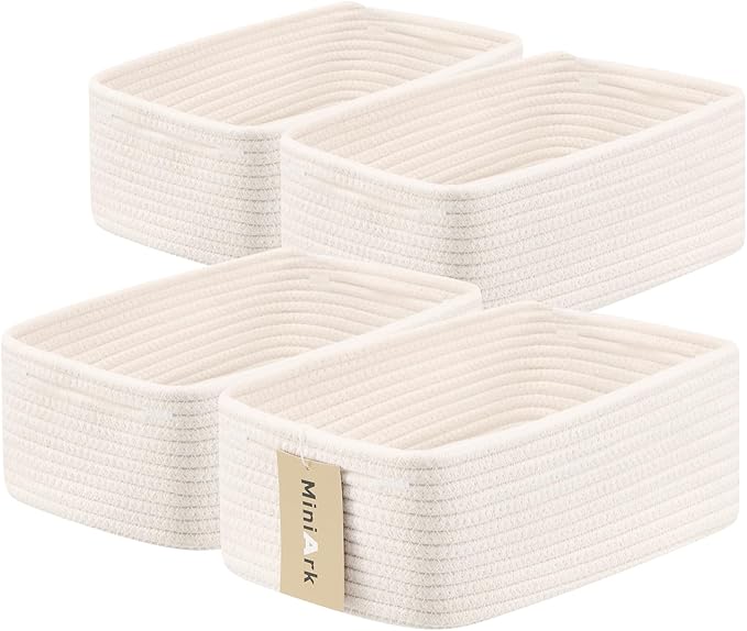 MiniArk Small Storage Baskets for Organizing | Closet Organizer Bins | Shelf Toy Basket | Woven Rope Baskets | Cube Decorative Box | Shallow Basket | 13x8.5x5.1” | 4 Packs Off White