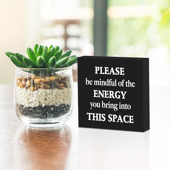 Motivational Gifts Wooden Box Sign, Inspirational Quotes decorations Please Be Mindful of the Energy You Bring into This Space Rustic Farmhouse Home Classroom Company Office Decor Wood Block Plaque