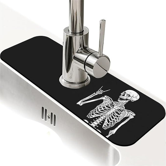 Kitchen Sink Splash Guard，Black funny skull Faucet Mat Sink Gadgets-Super Absorbent Fast Drying Mat Drip Catcher for Kitchen, Bathroom,Sink Mat, Dish Drying Mat, Bathroom(15" X 5.5" )