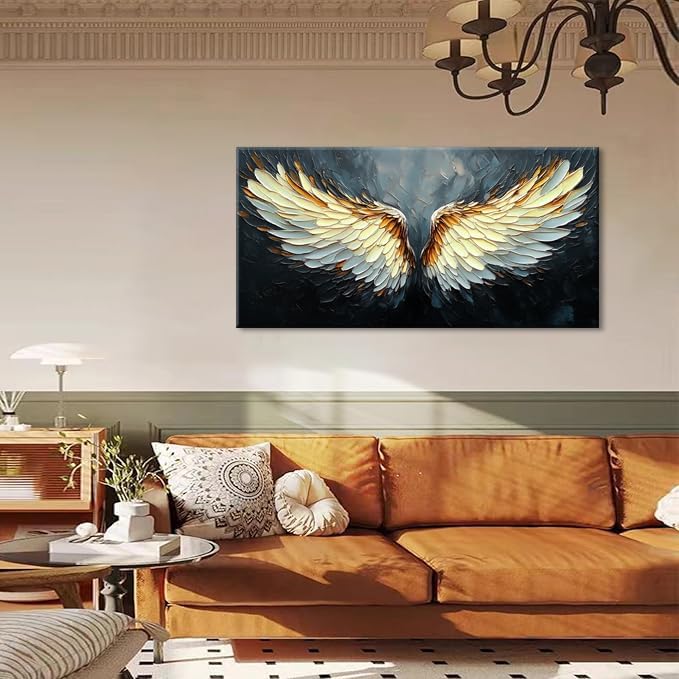 ZESTRILIA Angel Wings Wall Art for Girls Room Gold Gray Canvas Oil Painting Prints Modern Abstract Fantasy Anime Artwork Living Bedroom Office Decor Extra Large (58x28 Inches)