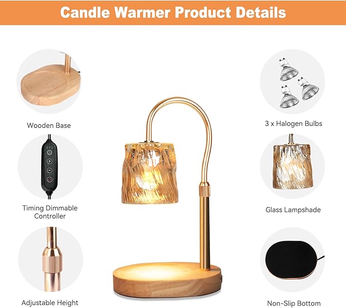 Candle Warmer Lamp with Timer & Dimmer, Candle Warmer Height Adjustable, Fits All Jar Scented Candles, Candle Lamp with 3 Bulbs, Charming Gift for Home Decor