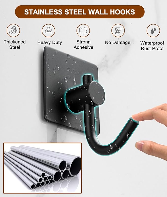 Sticky Hooks for Hanging, 6-Pack Adhesive Wall Hooks No Drilling Stainless Steel Towel Hook for Walls No Damage, Self Adhesive Hook for Bathroom Kitchen Office, Black