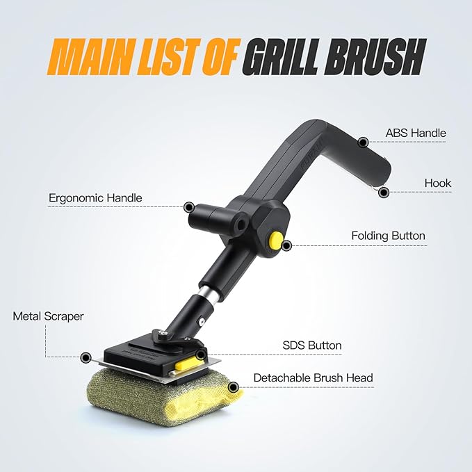 Folding Bristle Free Outdoor Grill Brush for BBQ Collapsible Design for Easy Storage Heavy Duty with Scraber & 3 Sponge Steam Brush Head Grill Cleaning Tool for Camping Tailgating Indoor Daddy Gift