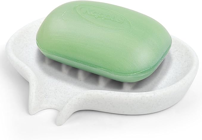 AUGFRYZIAN Soap Dish with Drain - Self-Draining Bar Soap Holder for Shower, Marble Look Soap Savers Soap Tray Sponge Holder for Kitchen, Bathroom, Bathtub Sink, Crystal White