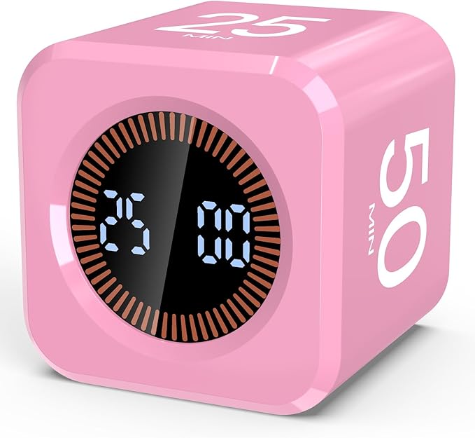 Pomodoro Timer Cube Visual Productivity Flip Timer for Kids Classroom Desk, 5/10/25/50min& Custom Countdown, Silent&Sound Mode Digital Cube for ADHD Study Work School Game Kitchen (Pink)