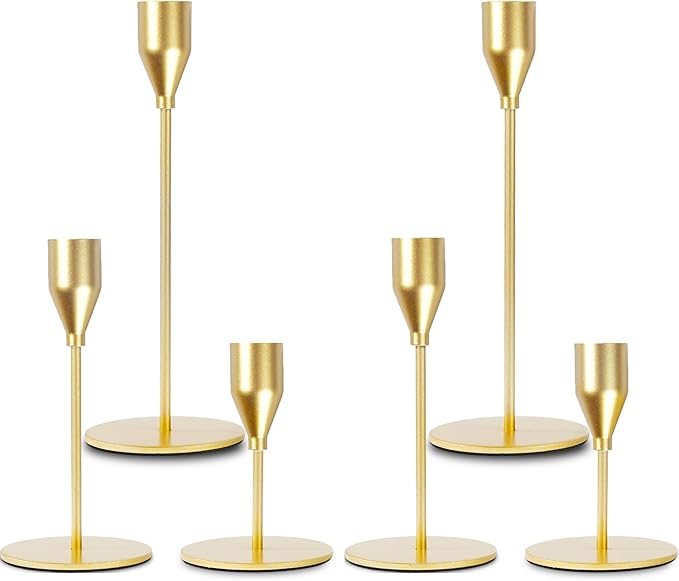 Matte Gold Candle Holders Bulk Painted Gold Metal Candlesticks Fit 0.8 Inch Taper Candles Decorative Metal Candelabra for Wedding Home Holiday Anniversary Party Dinning Table Decors (Set of 6)