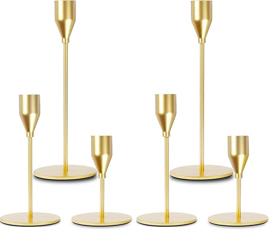 Matte Gold Candle Holders Bulk Painted Gold Metal Candlesticks Fit 0.8 Inch Taper Candles Decorative Metal Candelabra for Wedding Home Holiday Anniversary Party Dinning Table Decors (Set of 6)