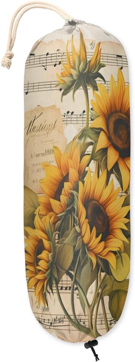 Sabokido Floral Sunflower Plastic Bag Holder Washable Musical Notes Grocery Bag Storage Dispenser Reusable Hanging Shopping Bags Carrier Wall Mount Plastic Bag Organizer for Home Kitchen Decor