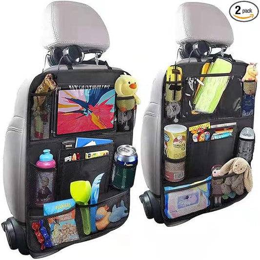 2 Pack Backseat Car Organizer & Kick Mat, Waterproof Seat Back Protector with Clear Pad/Tablet Holder, Universal Fit Car Organizer for Kids Travel Essentials & Storage for SUV/Truck/Sedan