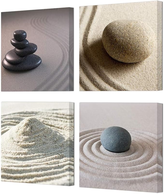 Zen Wall Art Relaxing Stone Spa Theme Painting Bathroom Wall Decor Framed Gallery Wrap 12"x12"x4 Panels