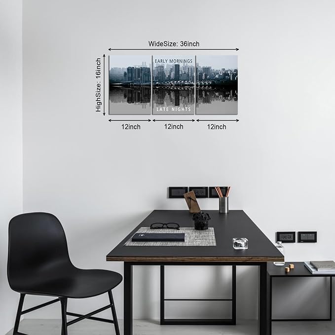 KAWAHONE Inspirational Wall Art -Motivational Quote Black and White Wall Art-City Night Scenes Modern Cityscape Building Artwork Decor for Home Office Bathroom Bedroom Kitchen Classroom Gym