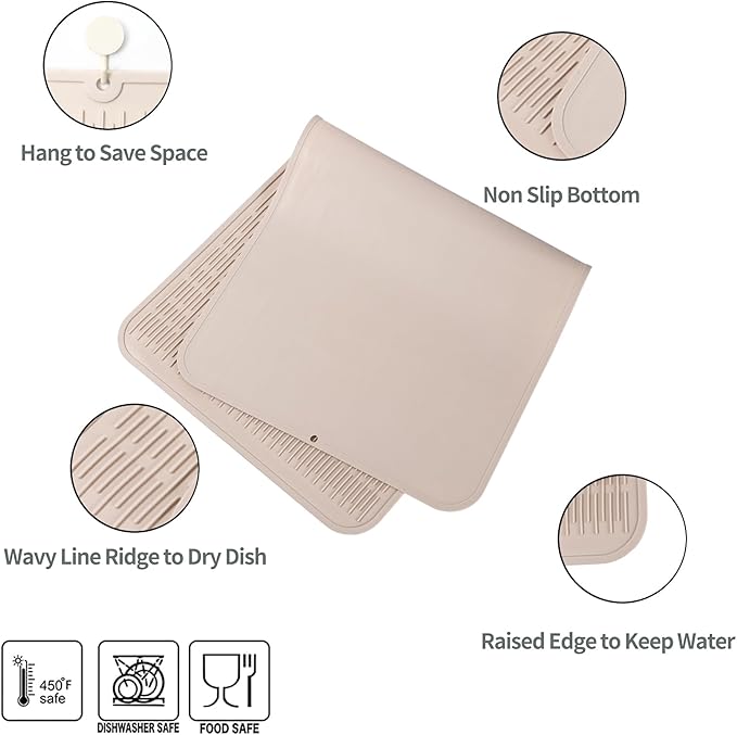 MicoYang Silicone Dish Drying Mat for Multiple Usage, Easy clean, Eco-friendly, Heat-resistant Silicone Mat for Kitchen Counter or Sink, Refrigerator or Drawer Liner Tapioca 5XL 36inches x 18inches