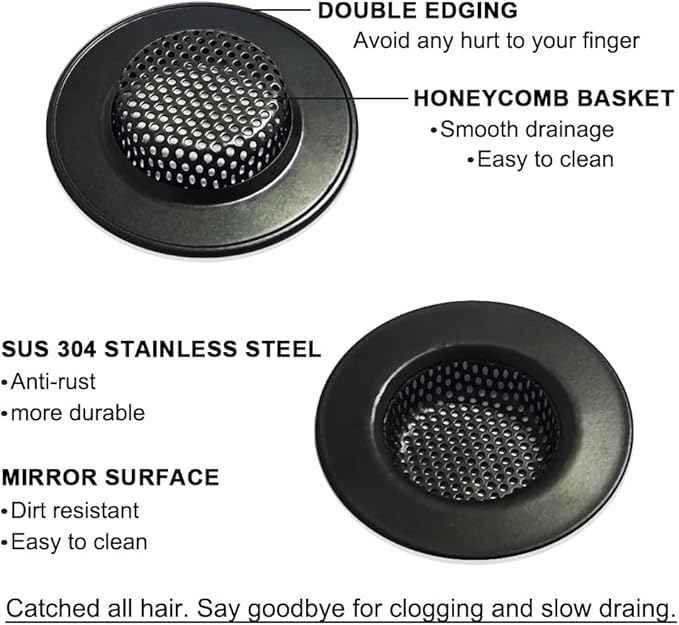 1.75" Bathtub Drain Strainers, Shower Drain Hair Catchers, Stainless Steel Drain Filter Cover for Bathroom Laundry Floor Drain, Fits 1.75"-3.0" Drain Hole, Black