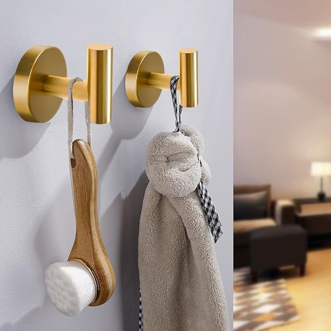 Vuzvuv 2-Pack Gold Wall-Mounted Towel Hooks, SUS304 Stainless Steel Waterproof Coat Robe Holder, Heavy Duty Hooks for Bathroom, Kitchen, Hotel (Drilling)