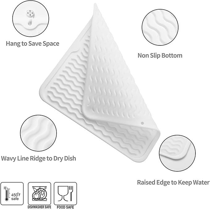 MicoYang Silicone Dish Drying Mat for Multiple Usage,Easy clean,Eco-friendly,Heat-resistant Silicone Mat for Kitchen Counter or Sink,Refrigerator or Drawer liner White M 12 inches x 12 inches