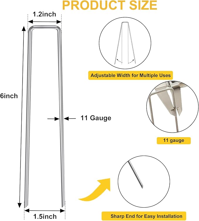 HongWay 240 Pack 6 Inch Landscape Staples, Garden Stakes, Galvanized Heavy Duty 11 Gauge Tent Stakes, SOD Landscaping Fabric Pins, Yard Ground Lawn Staples for Plant Covers, Turf, Fences, Grass Decoration